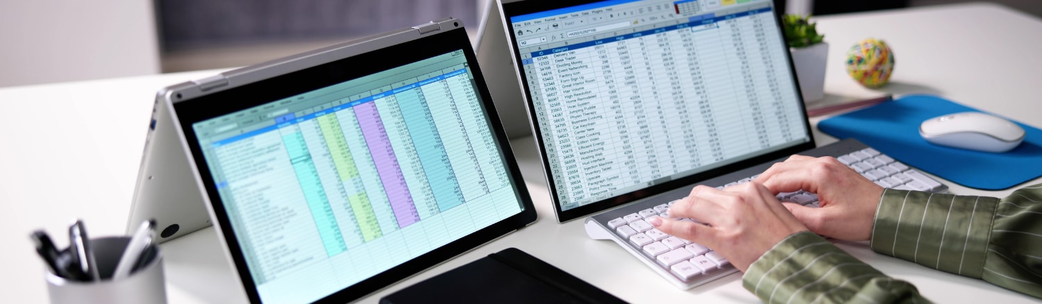 Businesswoman's Hands Examining Spreadsheet On Laptop In Office